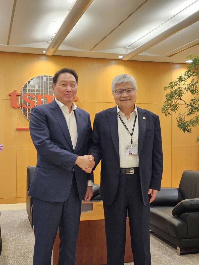 최태원 SK 그룹 회장(왼쪽)과 TSMC 웨이저자 회장이 지난 2024년 6일 대만 타이베이 TSMC 본사에서 기념 촬영을 하고 있다. SK그룹 제공