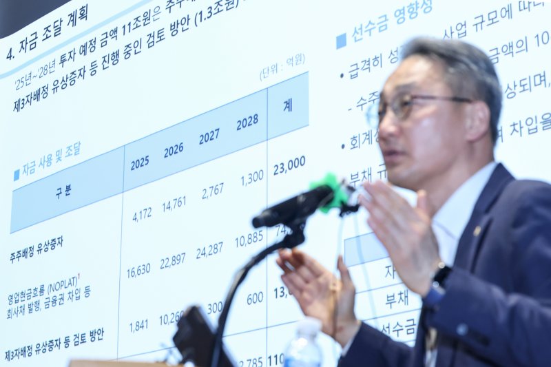 안병철 한화에어로스페이스 전략총괄 사장이 8일 오전 서울 중구 장교동 한화 그룹 본사에서 열린 '한화에어로 미래 비전 설명회'에서 중장기 투자 계획 및 최근 유상증자 관련 입장 발표를 하고 있다. 2025.4.8/뉴스1 ⓒ News1 민경석 기자
