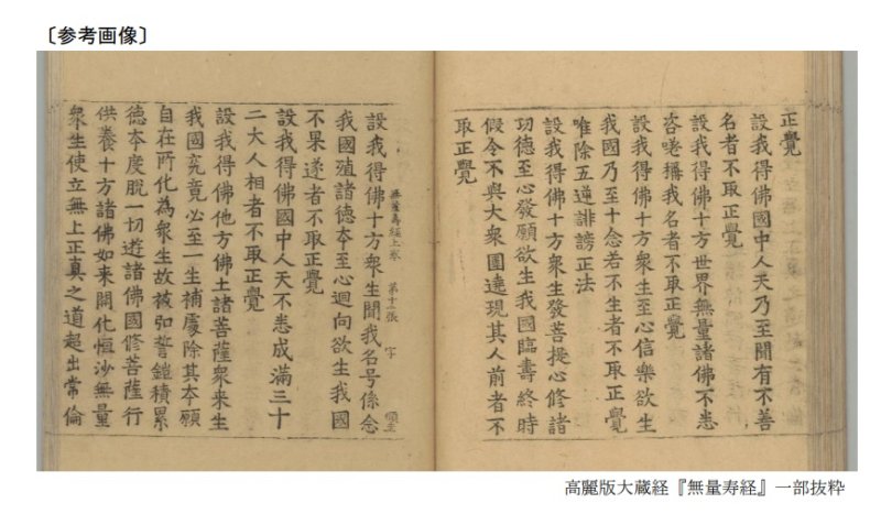 [서울=뉴시스]일본의 한 사찰이 소장하고 있는 고려대장경 목판 인쇄물이 유네스코 세계기록유산에 등재됐다. 사진은 일본 정부가 문부과학성 홈페이지를 통해 공개한 고려대장경의 일부 모습. 밑에는 "고려판 대장경 '무량수경' 일부 발췌"라는 설명이 쓰여있다. 2025.04.11. <사진출처=일본 문부과학성 홈페이지 캡처> *DB 및 재판매 금지.