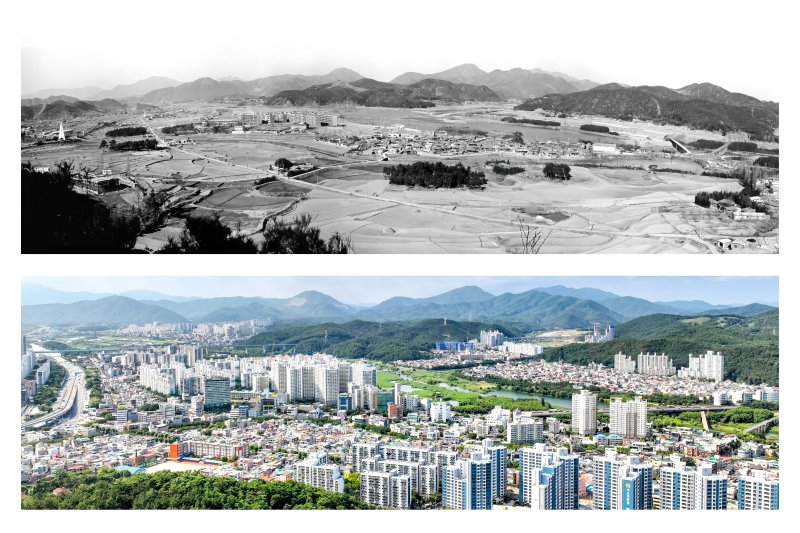 [울산=뉴시스] 울산 남구가 20일까지 장생포 문화창고 갤러리B에서 남구지역의 과거와 현재 풍경을 한눈에 살펴볼 수 있는 '행복남구 기억의 발자취' 사진 전시회를 연다. 사진은 1970년대 남구 삼호산에서 바라본 삼호동 전경(위쪽)과 현재 모습. (사진=울산 남구 제공) 2025.04.11. photo@newsis.com *재판매 및 DB 금지