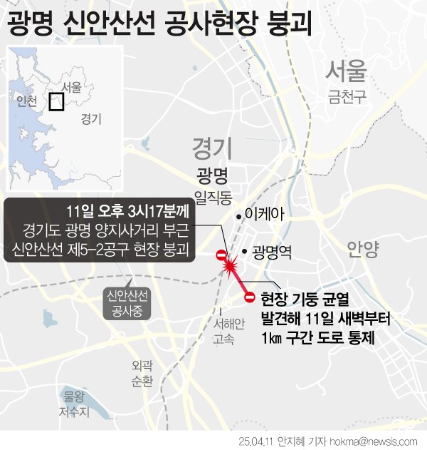 [서울=뉴시스] 광명경찰서에 따르면 11일 오후 3시17분께 광명 양지사거리 부근 신안산선 5-2 공사 2공구 환기구 공사 현장에서 붕괴 사고가 발생했다. 앞서 이날 0시30분께부터 현장에서 관계자의 붕괴우려 신고로 주변 도로가 통제되고 있었다. (그래픽=안지혜 기자) hokma@newsis.com