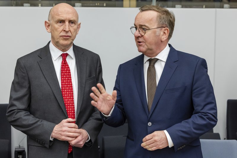 Britain's Defense Secretary John Healey, left, talks with Germany's Defense Minister Boris Pistorius during a meeting of the Ukraine Defense Contact Group at NATO headquarters in Brussels, Friday, April 11, 2025. (AP Photo/Geert Vanden Wijngaert)