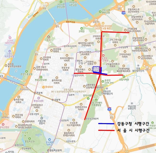 [서울=뉴시스] 강동구가 지난달 27~28일 진행한 공동(空洞) 탐사 특별 점검 시행구간 위치도. 2025.04.12 (사진 제공=강동구청) photo@newsis.com *재판매 및 DB 금지
