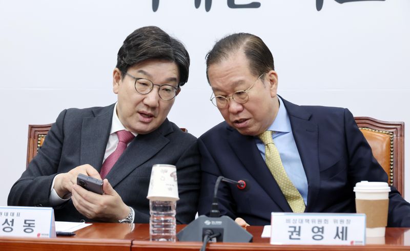 권영세 국민의힘 비상대책위원장과 권성동 원내대토토 커뮤니티 14일 서울 여의도 국회에서 열린 비상대책위원회의에서 이야기를 나누고 있다. 사진=박범준 기자