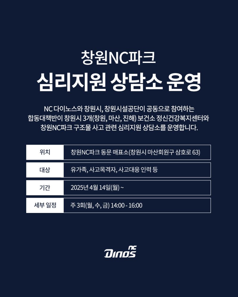 프로야구 NC가 창원NC파크 구조물 사고 관련 심리지원 상담소를 운영한다.(NC 다이노스 제공)