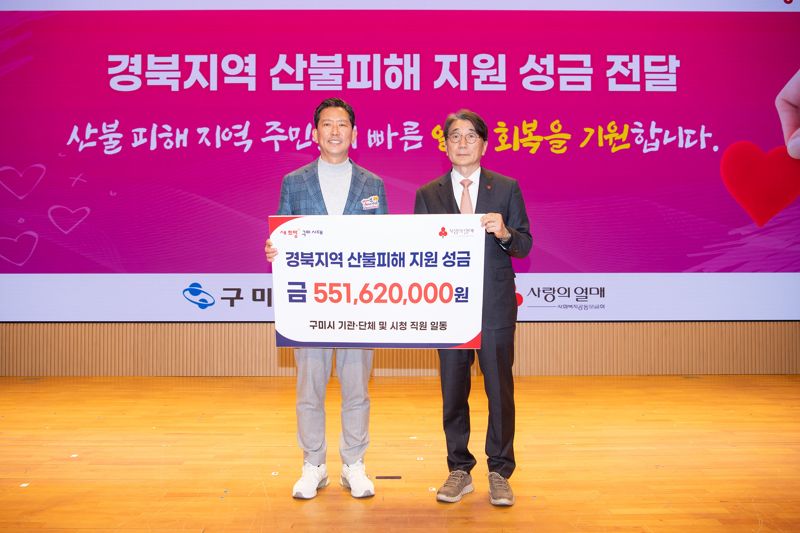 김장호 구미시장(왼쪽)이 지난 14일 시청 대강당에서 전우헌 경북사회복지공동모금회장에게 경북 지역 산불 피해 주민들을 돕기 위한 성금을 전달했다. 구미시 제공