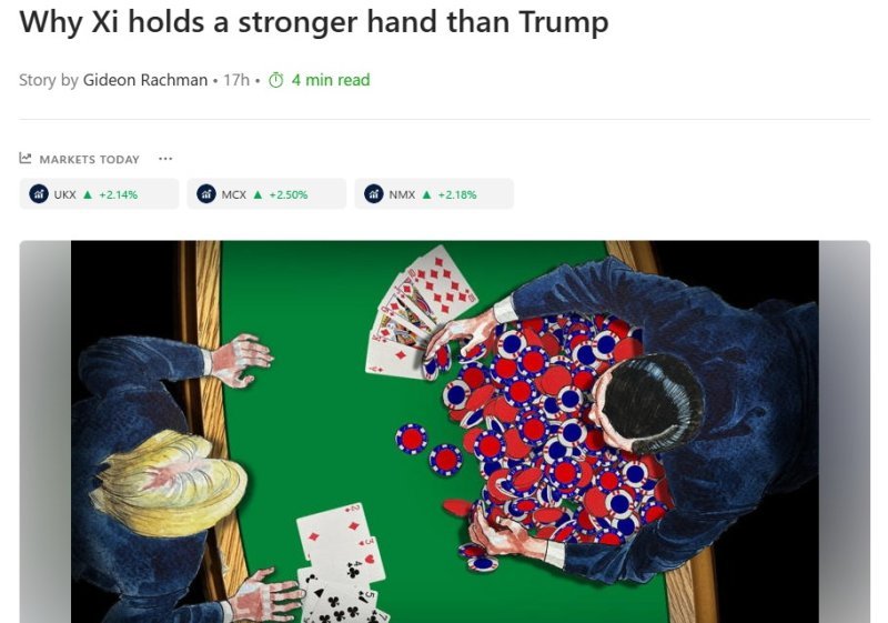 트럼프 미국 대통령보다는 시진핑 중국 국가주석이 무역과 관련해 더 강력한 패를 갖고 있다는 언론의 풍자화. /사진=뉴스1