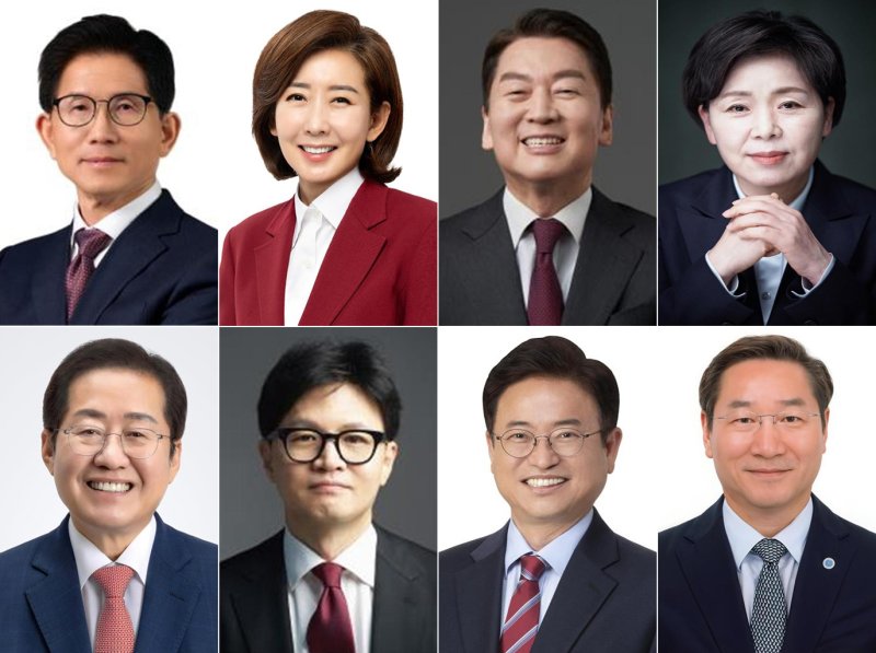 국민의힘 대선·경선 선거관리위원회가 16일 제21대 대통령후보자 1차 경선 진출자 8명을 발표했다. 사진은 경선 1차 진출자(가나다순,시계방향으로) 김문수 전 고용노동부 장관, 나경원 국민의힘 의원, 안철수 국민의힘 의원, 양향자 전 의원, 유정복 인천시장, 이철우 경북지사, 한동훈 전 국민의힘 대표, 홍준표 전 대구시장.(국민의힘 제공. 재판매 및 DB 금지) 2025.4.16/뉴스1