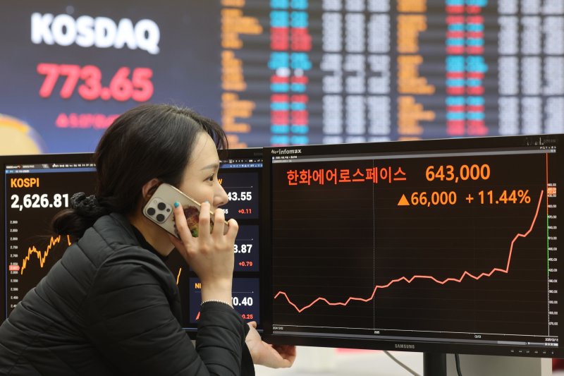 [서울=뉴시스] 김금보 기자 = 방산 대장주 한화에어로스페이스가 연일 랠리를 이어가며 64만원대를 돌파했다. 18일 서울 여의도 한국거래소 서울사무소에 한화에어로스페이스 종가가 표시되고 있다. 2025.02.18. kgb@newsis.com