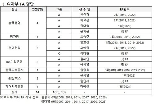 2025 V리그 여자부 FA 명단 (출처=연합뉴스)