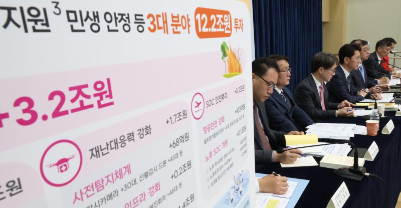 [세종=뉴시스] 강종민 기자 = 김윤상 기획재정부 2차관이 지난 17일 세종시 정부세종청사에서 2025년 제1회 추가경정예산안을 발표하고 있다. 이번 추경예산안은 산불 등 재해재난 대응에 3.2조원과 통상 리스크 대응 및 AI 경쟁력 제고 4.4조원, 민생 지원 4.3조원 등으로 구성됐다. 2025.04.18. ppkjm@newsis.com