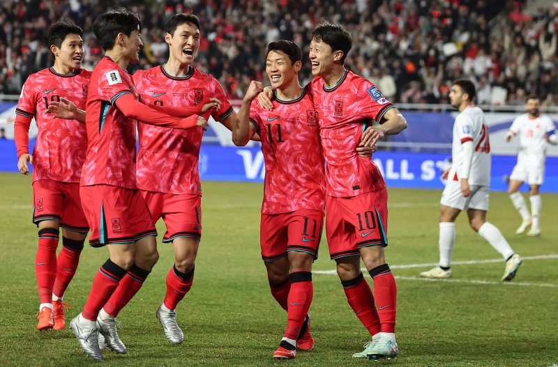 득점 후 기뻐하는 한국 축구대표팀. 2025.3.25/뉴스1 ⓒ News1 김도우 기자