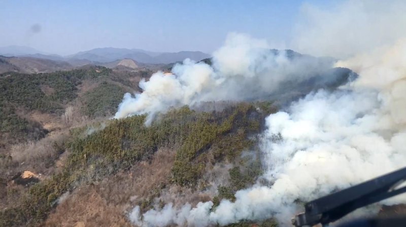 [옥천=뉴시스] 충북 옥천군 청성면 산불 현장. (사진=산림청 제공) 2025.03.23. photo@newsis.com *재판매 및 DB 금지