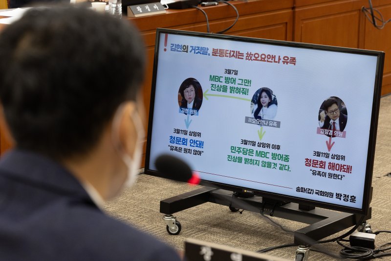 18일 오전 서울 여의도 국회에서 열린 제424회 국회(임시회) 과학기술방송통신위원회 제2차 전체회의에 박정훈 국민의힘 의원의 질의 화면이 나오고 있다. 2025.4.18/뉴스1 ⓒ News1 이재명 기자