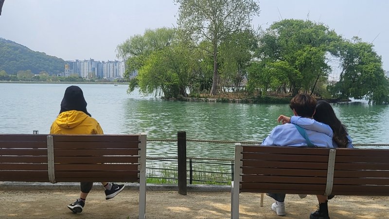 18일 대구 대표 관광명소인 수성못에서 시민들이 의자에 앉아 평온한 시간을 보내고 있다.2025.4.18/뉴스1 ⓒ News1 이성덕 기자