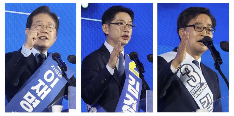 [청주=뉴시스] 조성봉 기자= 이재명(왼쪽 사진부터), 김경수, 김동연 제21대 대통령 선거 더불어민주당 경선 후보가 19일 오후 충북 청주시 서원구 청주체육관에서 열린 제21대 대통령선거 후보자 선출을 위한 충청권 합동연설회에서 정견 발표를 하고 있다. 2025.04.19. suncho21@newsis.com