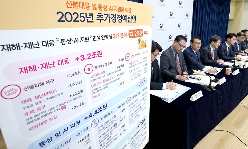김윤상 기획재정부 2차관을 비롯한 정부부처 관계자들이 지난 17일 세종시 정부세종청사 중앙동에서 산불대응 및 통상·AI 지원 등을 위한 2025년도 추가경정예산 편성 내용을 설명하고 있다. 2025.4.18/뉴스1 ⓒ News1 김기남 기자