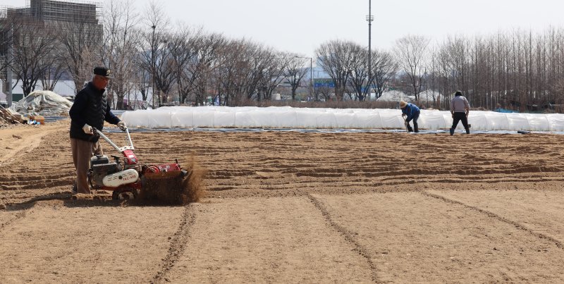 [인천=뉴시스] 전진환 기자 = 사진은 지난달 17일 오후 인천 남동구의 한 농장에서 농부가 감자를 심기위해 밭 고랑을 내고 있는 모습. 2025.03.17. amin2@newsis.com