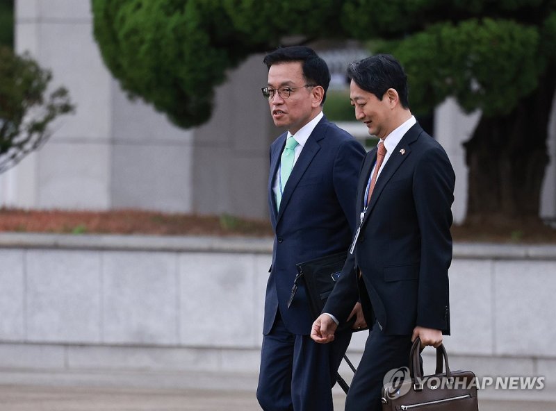 대화 나누는 최상목 부총리(왼쪽)와 안덕근 산자부 장관 (출처=연합뉴스)