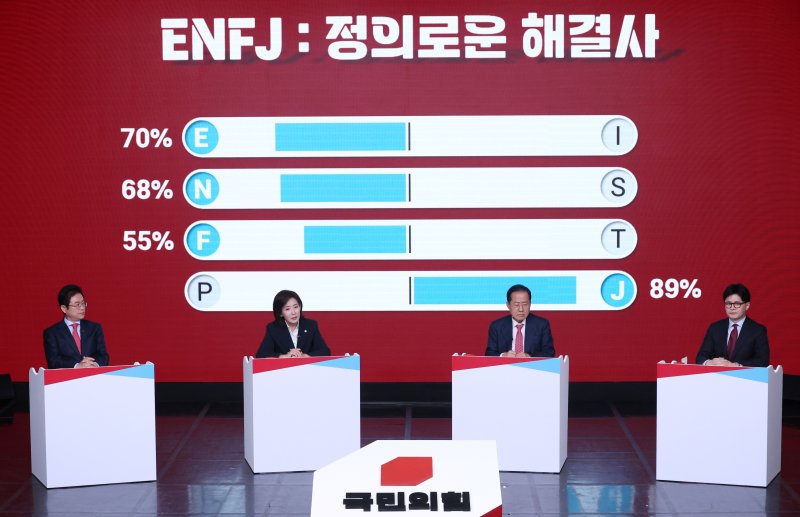 [서울=뉴시스] 국회사진기자단 = 나경원 제21대 대통령 선거 국민의힘 경선 후보가 20일 서울 강서구 ASSA아트홀에서 열린 '제21대 대통령 선거 국민의힘 1차 경선 B조 토론회'에서 MBTI 자기소개를 하고 있다. 2025.04.20. photo@newsis.com