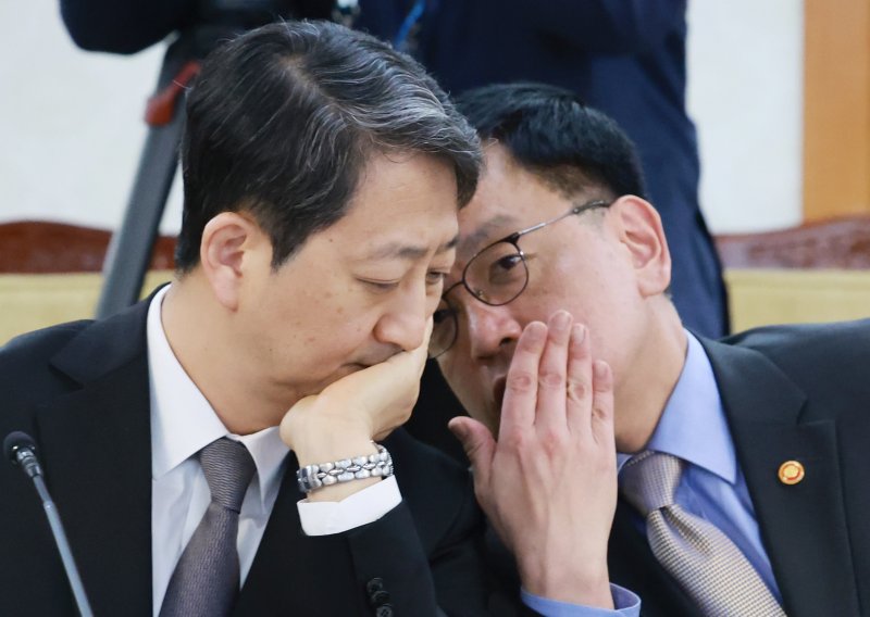 최상목 경제부총리 겸 기획재정부 장관(오른쪽)과 안덕근 산업통상자원부 장관이 21일 정부서울청사에서 열린 경제안보전략 태스크포스(TF) 회의에 참석해 대화하고 있다. 뉴시스