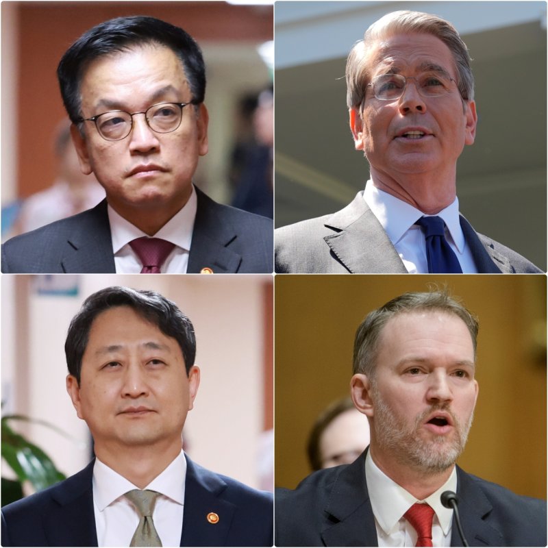 [세종=뉴시스] 정부가 이번주 중 미국 측과 통상 문제 관련 고위급 협상에 나선다. 사진은 2+2 통상협의에 참석할 예정인 최상목 경제부총리 겸 기획재정부 장관, 안덕근 산업통상자원부 장관, 스콧 베선트 미국 재무장관, 제이미슨 그리어 미국 무역대표부(USTR) 대표.