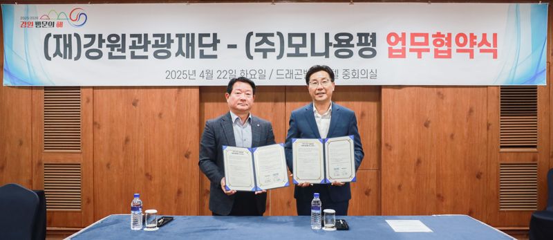22일 열린 업무협약식에 참석한 임학운 모나용평 대표이사(왼쪽)와 최성현 강원관광재단 대표이사. 모나용평 제공.