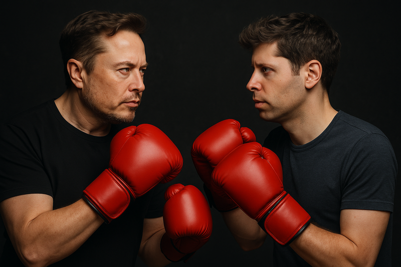 권투 글러브를 낀 일론 머스크(왼쪽)와 샘 올트먼 가상 이미지. 챗GPT 제작