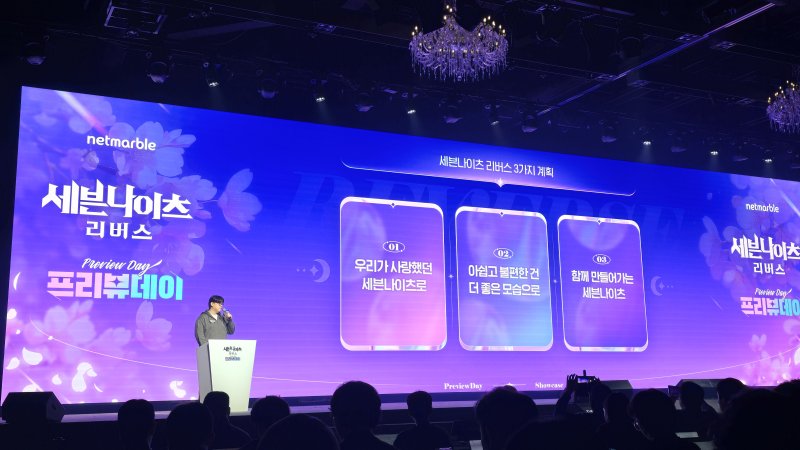 [서울=뉴시스]오동현 기자 = 김정기 넷마블넥서스 개발총괄은 24일 서울 구로구 사옥 지타워에서 열린 '세븐나이츠 리버스' 이용자 초청 프리뷰 데이에서 환영사를 밝혔다. odong85@newsis.com