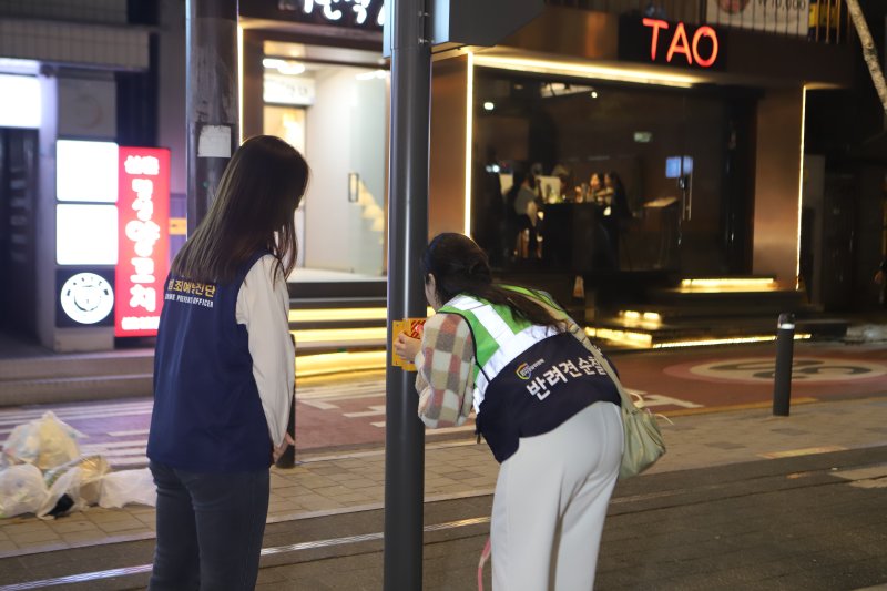 서울 서대문경찰서가 24일 저녁 자율방범대, 서울 반려견순찰대와 함께 합동 순찰을 진행하고 있다. (서대문경찰서 제공)