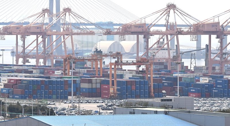 [평택=뉴시스] 김종택 기자 = 21일 경기 평택항 수출 야적장에 컨테이너가 쌓여 있다. 2025.04.21. jtk@newsis.com