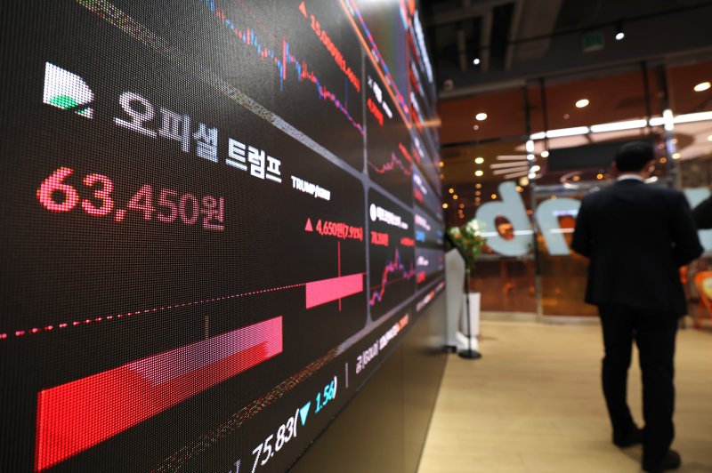 22일 오후 서울 서초구 빗썸라운지 전광판에 도널드 트럼프 미국 대통령이 발행한 밈 코인 '오피셜 트럼프(TRUMP)' 시세가 표시되고 있다. 트럼프 대통령은 지난 17일(미국 현지시간) 밈 코인 '오피셜 트럼프'를 발행했다. 오피셜 트럼프의 시가총액은 출시 직후 130억달러를 넘어섰으나 이날 80억달러 규모로 줄었다. 2025.1.22/뉴스1 ⓒ News1 임세영 기자
