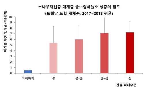 산불 피해지와 미피해지의 솔수염하늘소 성충 밀도 모니터링 결과 (출처=연합뉴스)