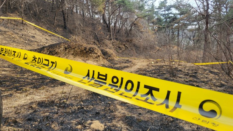 29일 경북 의성군 괴산리 야산의 최초 발화지점에 산림 당국의 출입 통제 라인이 설치돼 있다. 경북경찰청은 의성 솔카지노 최초 발화 지점에서 증거 물품인 라이터를 확보했다. 2025.3.29/뉴스1 ⓒ News1 이성덕 기자