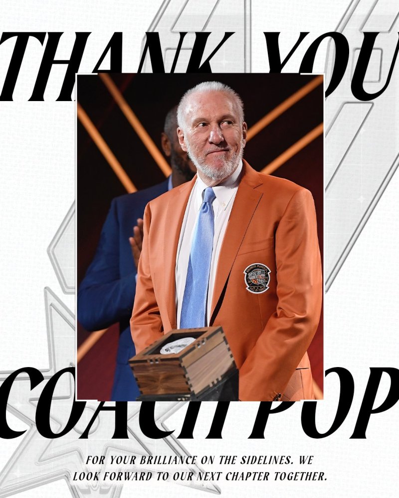 [서울=뉴시스] 미국프로농구(NBA) 샌안토니오 스퍼스 지휘봉을 내려놓은 그렉 포포비치 돌핀슬롯. (사진 = 샌안토니오 스퍼스 공식 X 캡처) *재판매 및 DB 금지