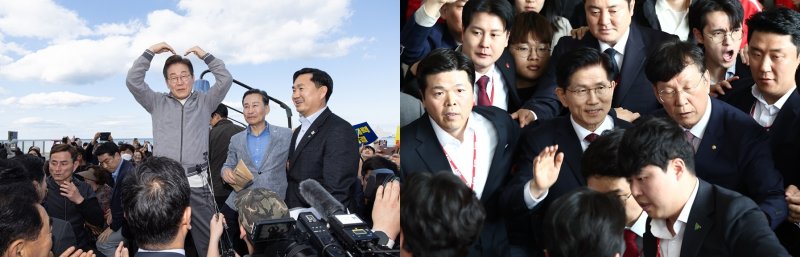 3일 이재명 대선 후보(왼쪽)가 강원 삼척해수욕장에서 시민들을 향해 하트를 그려보이고 있다. 같은 날 김문수 국민의힘 대선 후보(오른쪽)가 경기 고양시 킨텍스에서 열린 5차 전당대회를 마치고 나오며 인사하고 있다.2025.5.3./뉴스1 삼척 이재명·고양 김민지 기자