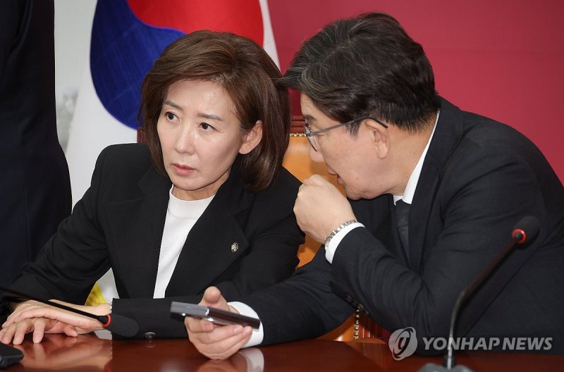 대화 나누는 권성동-나경원 (출처=연합뉴스)