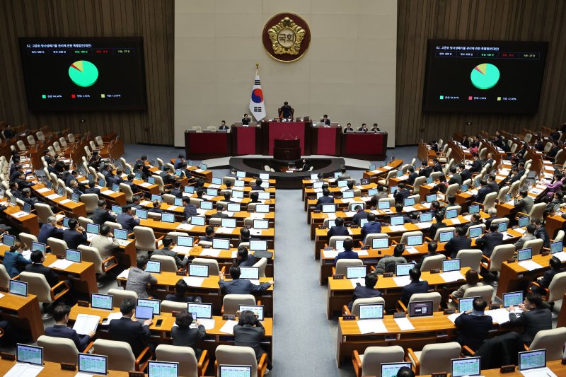 [서울=뉴시스] 권창회 기자 = 27일 오후 서울 여의도 국회에서 열린 제422회 국회(임시회) 제7차 본회의에서 고준위방사성폐기물관리에관한특별법안이 통과되고 있다. 2025.02.27. kch0523@newsis.com