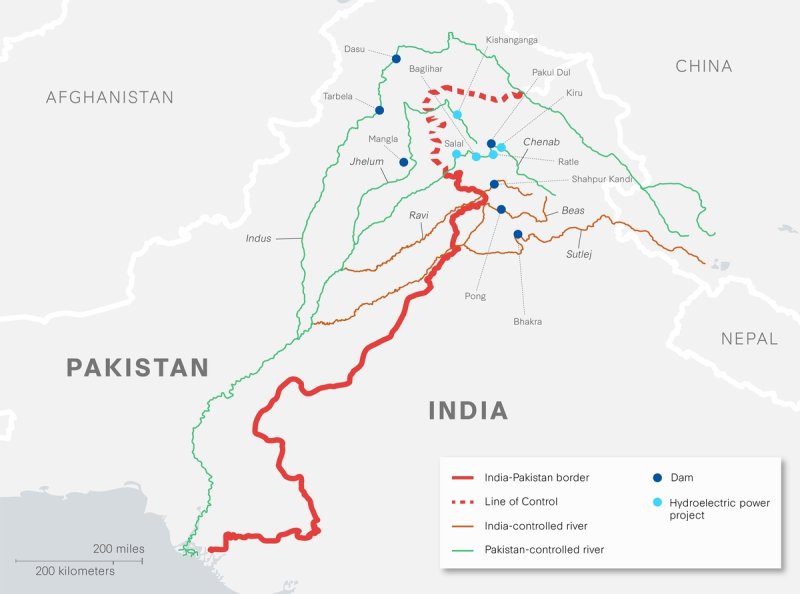 인도-파키스탄 국경과 강 흐름도 (출처=연합뉴스)