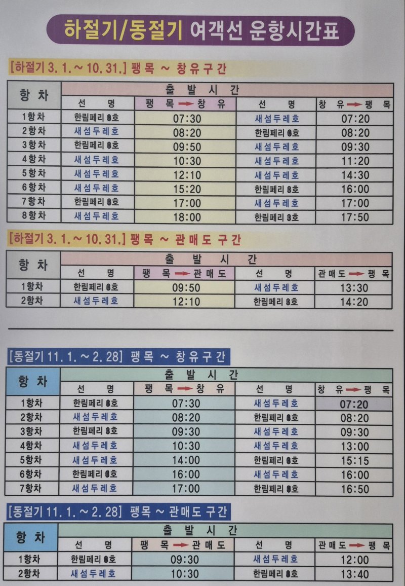 진도 팽목과 조도간의 여객선 운항 시간표