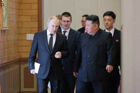 (평양 노동신문=뉴스1) =푸틴 대통령과 김정은 총비서.[국내에서만 사용가능. 재배포 금지. DB 금지. For Use Only in the Republic of Korea. Redistribution Prohibited] rodongphoto@news1.kr
