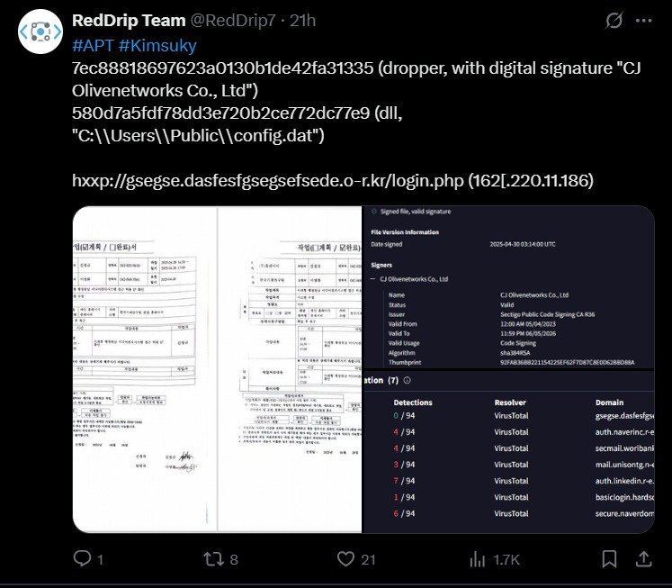 중국 보안 기업 레드드립팀(RedDrip Team)이 X 계정에 공개한 CJ올리브네트웍스 인증서 파일 탈취 사례(레드드립팀 X 갈무리)
