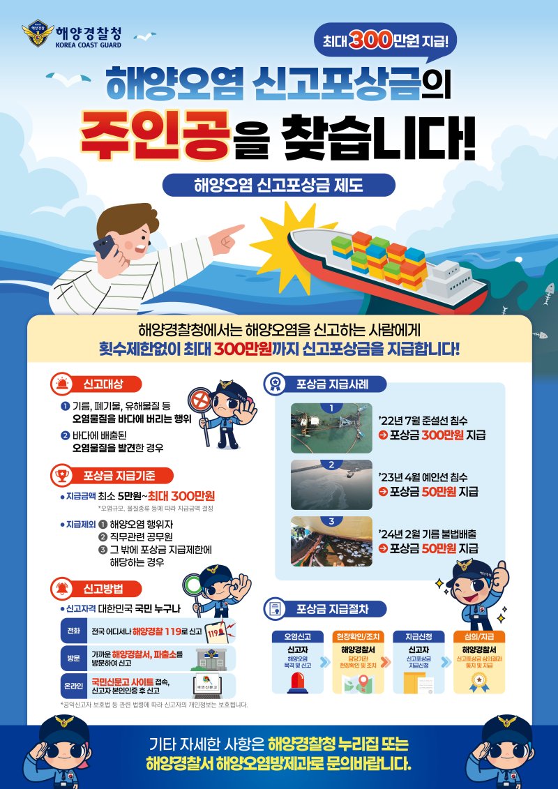 [통영=뉴시스] 신정철 기자= 통영해양경찰서는 최대 300만원의 포상금을 지급하는 해양오염 신고포상금 제도를 운영한다고 7일 밝혔다.사진은 포상금 제도 포스터.(사진=통영해경 제공).2025.05.07. photo@newsis.com *재판매 및 DB 금지