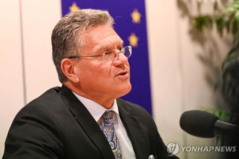 기자회견하는 EU 무역수장 (출처=연합뉴스)