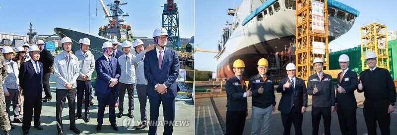 HD현대중공업(왼쪽), 한화오션(오른쪽) 방문한 존 펠란 미 해군성 장관 (출처=연합뉴스)