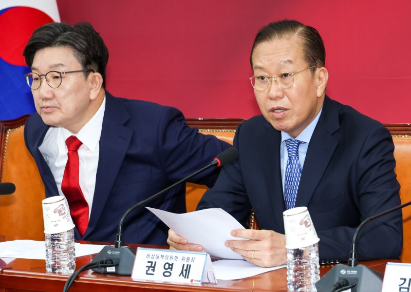 (서울=뉴스1) 안은나 기자 = 권영세 국민의힘 비상대책위원장이 8일 오전 서울 여의도 국회에서 열린 비상대책위원회의에서 모두 발언하고 있다. 2025.5.8/뉴스1 /사진=뉴스1화상