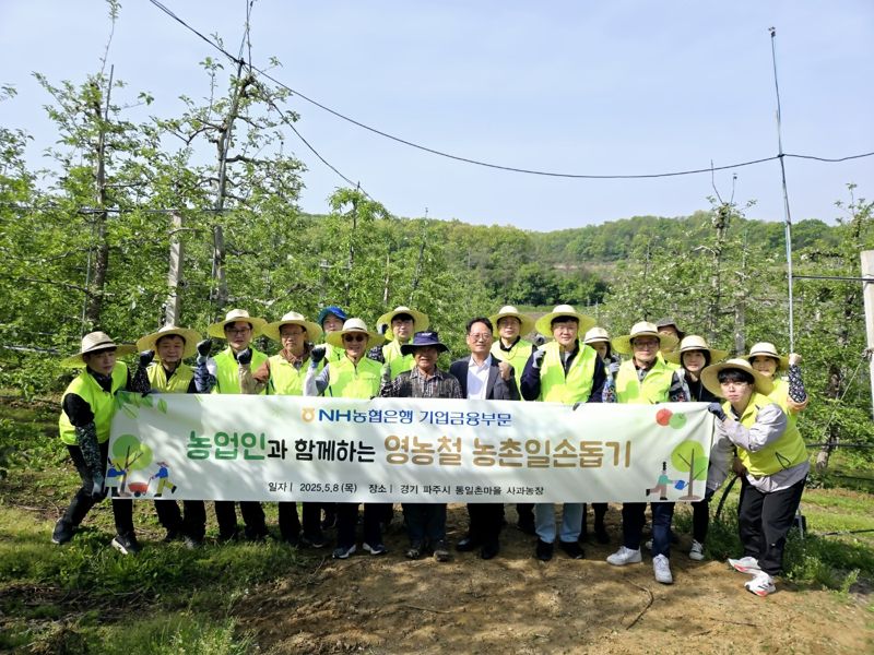 8일 농협은행 엄을용 부행장(첫줄 왼쪽 다섯번째)을 비롯한 기업금융부문 임직원들이 경기도 파주시 소재 사과농장을 찾아 농촌일손을 도왔다. 농협은행 제공