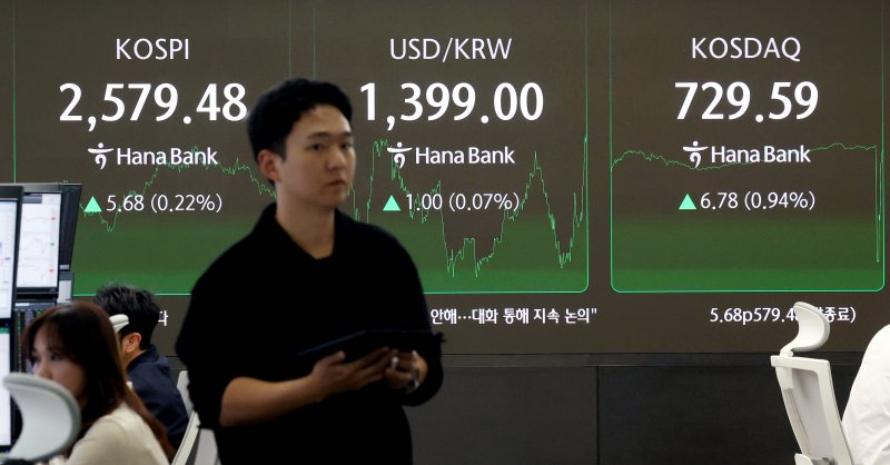 [서울=뉴시스] 김진아 기자 = 8일 서울 중구 하나은행 딜링룸에서 딜러들이 업무를 보고 있다. 코스피는 전 거래일(2573.80)보다 5.68포인트(0.22%) 오른 2579.48에, 코스닥 지수는 전 거래일(722.81)보다 6.78포인트(0.94%) 상승한 729.59에 거래를 마쳤다. 서울 외환시장에서 원·달러 환율은 전 거래일(1398.0원)보다 1.4원 내린 1396.6원에 주간 거래를 마감했다. 2025.05.08. bluesoda@newsis.com