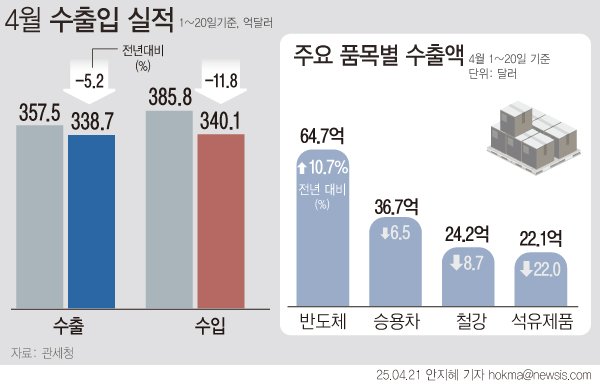 [서울=뉴시스] 미국 정부의 관세강화 정책 등 어수선한 대외무역환경 속에 이달 우리나라 수출과 수입이 모두 줄었다. 이달 20일 간 수출의 경우 전년 같은 기간 대비 반도체가 10.7%로 크게 증가한 반면 전통적 수출효자 종목인 승용차(6.5%), 석유제품(22.0%), 자동차 부품(1.7%) 등은 감소했다. (그래픽=안지혜 기자) hokma@newsis.com