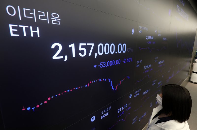 [서울=뉴시스] 이영환 기자 = 도널드 트럼프 미국 대통령발 관세 전쟁에 비트코인 가격이 7만5000달러선까지 하락한 9일 오전 서울 강남구 업비트 고객센터 전광판에 이더리움 시세가 표시되고 있다. 2025.04.09. 20hwan@newsis.com